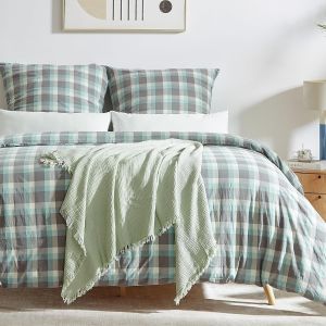 Sjzg-Housse De Couette 200x200 Coton Avec 2 Taie D'oreiller 65x65 Cm, Motif &Agrave; Carreaux Color&eacute;, 100% Coton Lav&eacute;, Certifi&eacute; Oeko-Tex, Parure De Lit 200x200 Coton Avec Fermeture &Eacute;clair, Bleu-Gris-Blanc - Neuf