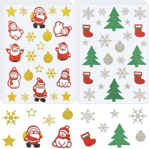 8 Feuille 204pcs Autocollants Noël Stickers Paillettes - Flocon De Neige, Père Noël, Bonhomme De Neige, Arbre, Étoile - Décoration Pour Carte, Scrapbooking, Calendrier, Bois, Fenêtre - Neuf