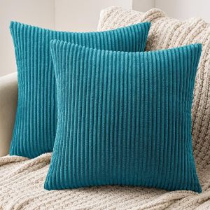 Lot de 2 Decorative Housse de Coussin en Velours Côtelé Canapé Taie d'oreiller Douce pour Maison Salon Chambre Clic Clac 50x50cm Bleu Lac - Neuf