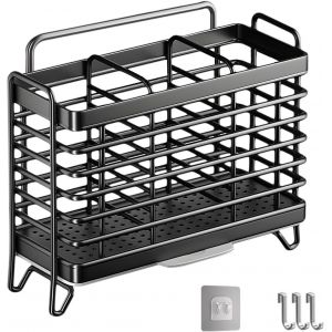 Eryi-Egouttoir Couvert, Pot Ustensiles Cuisine, Porte Ustensiles Cuisine, Panier À Couverts En Acier Inoxydable Avec Trois Compartiments Et Égouttoir, Mural, Installation Sans Trou, Amovible, Noir - Neuf