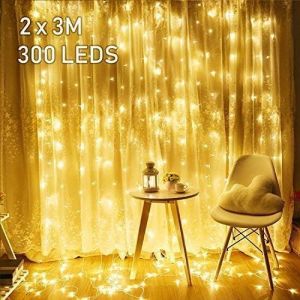 AIOU-Rideau Lumineux Noël 2Mx3M 300Led Rideau Guirlande Lumineuse Connectable 8 Modes Ip44 Décoration Noël Exterieur Intérieur Pour Fenêtres Chambre Balcon Escaliers Fête Bar Mariage-Blanc Chaud - Neuf