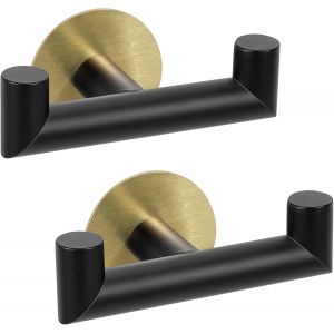 Double Crochet Adhesif Mural, 2 Pi&egrave;ces Porte Serviette Salle de Bain, Accroche Torchon Cuisine, Porte Manteau Adh&eacute;sif, Attache Murale Sans Percer, Etanche, Antirouille, Noir Dor&eacute; - Neuf