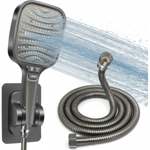 JGD-Kit Douche Haute Pression, Pommeau de Douche Anti-Calcaire 120mm 8 Modes + Tuyau 1.5m Inox + Support Sans Per&ccedil;age, Douchette &Eacute;conomie d'Eau, Compatible Salle de Bain(Gris) - Neuf