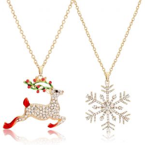 Kal-Bijoux De Noël - Collier Flocon De Neige Et Pendentif Renne - Cadeau Pour Femmes, Filles Et Enfants - Neuf