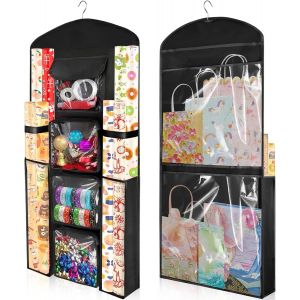 Organisateur de stockage de papier d'emballage cadeau sur la porte, noir accrochant double-face conteneur de sac d'emballage de Noël, support de rouleau d'emballage présent pour placard - Neuf