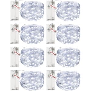 Lot de 8 guirlandes lumineuses à piles avec minuteur - 3 m - 30 LED - Étanche - Fil de cuivre - Guirlande lumineuse à piles (pile AA) - Pour décoration de Noël et de mariage - Blanc froid - Neuf