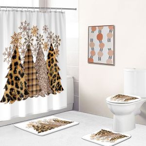 Arbre De No&euml;l Le Rideau De Douche, Set De 4 Avec Tapis Antid&eacute;rapant, Toilette D'un Couvercle Et Tapis De Bain, L'arbre De No&euml;l De No&euml;l Rideaux De Douche Avec 12 Crochets, No&euml;l Rideau De Douche Sets - Neuf