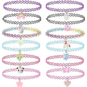12 Pi&egrave;ces Tour De Cou Collier Pour Enfants Adolescents Filles Femmes, Collier Elastique Pendentif Dessin Anim&eacute; Color&eacute; - Neuf