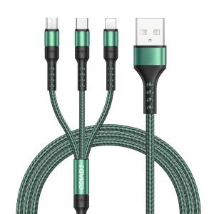 Thef-Câble Multi Usb, 3 En 1 Câble Universel [2m] Multi Usb Câble De Chargement En Nylon Avec Micro Usb Type C Lightning Câble Pour Iphone, Samsung Galaxy, Huawei, Honor, Oneplus- Vert - Neuf