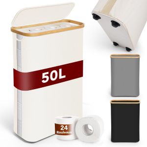 50l Boîte De Rangement Papier Toilette Avec Couvercle,Pour Rouleau De Papier Toilette De 16-24,Rangement Papier Visible Avec Pieds,Panier Rangement De Accessoires Salle De Bain - Neuf