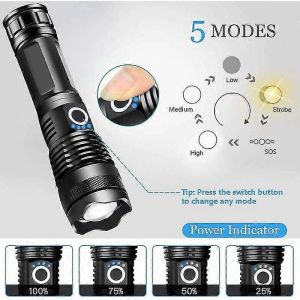 Lampe torche LED ultra lumineuse 5 000 lm, rechargeable par USB, 5 modes, idéale pour le camping, la randonnée et l'extérieur. - Neuf