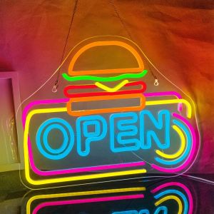 Hamburger Open Sign Neon Burger Sign Neon Sign For Burger Shop Open Panels Hamburger Neon Lights Business Signs For Restaurant Kitchen Shop Burger Shop Party - Neuf