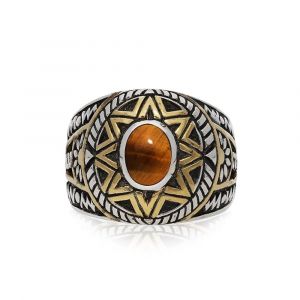 Bague Homme Argent Soleil Ethnique ?il De Tigre Argent Dor&eacute; - Neuf