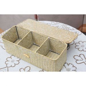 Panier de rangement en jonc de mer kaki blanc avec couvercles rectangulaires Coffre en osier avec compartiment pour ranger papier toilette, collations, jouets - Neuf
