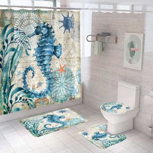 Pieces Seahorse Shower Curtains with Non-Slip Mat¿Navigation¿, Toilet Lid and Bath Mat, Vintage Waterproof Bathroom Shower Curtain with 12 Hooks - Neuf