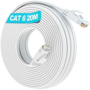 Cable Ethernet 20m Cat 6, Cable RJ45 20m Blanc Plat Blanc Cable Réseau Haut Débit Gigabit, Câble LAN 1000Mbps Cable Internet Long Ethernet pour Routeur Modem - Neuf