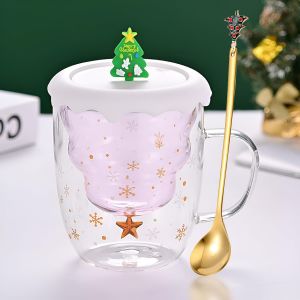 Tasse De No&euml;l Mignonne,Tasse En Verre &Agrave; Double Paroi Avec Couvercle Et Cuill&egrave;re,Tasse &Agrave; Expresso,Tasse &Agrave; Th&eacute;,Tasse &Agrave; Lait,Motif D'arbre De No&euml;l (Style 7) - Neuf
