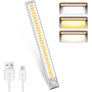 Reglette 120 Led Cuisine Rechargeable USB,30CM Lampe de Placard Led Detecteur Mouvement,Eclairage Bande Armoire sous Meuble Sans Fil,Lumiere 3 Couleurs 4 Modes - Neuf