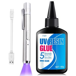 Jexnovashop-Colle Avec Lampe Uv - 60g De R&eacute;sine Uv Avec Lampe De Poche Uv Rechargeable 395 Nm, S&eacute;chage Rapide En 5 Secondes, Collage Rapide Et Soudure Adh&eacute;sif Uv, Id&eacute;al Pour R&eacute;parer Des Bijoux, Verre - Neuf