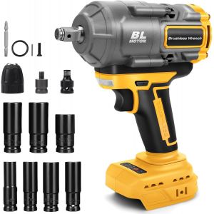 MEVRONISSHOP-Cl&eacute; &agrave; Choc Sans Fil Brushless Electrique Compatible avec Dewalt 18V 20V (Sans batterie), 1100 Nm Electrique 3 en 1 Visseuse Boulonneuse &agrave; Choc Avec Jeu de Cl&eacute;s &agrave; Douilles pour Voiture et - Neuf