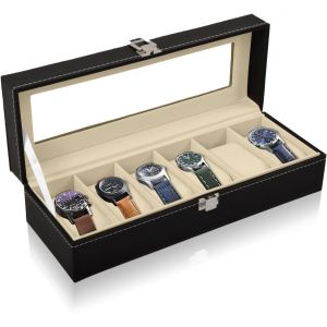 Kal-Boîte À Montres Avec 6 Fentes, Écrin À Montres En Pu, Coffret Montres Homme/Femme, Boite De Rangement Pour Montres, Organisateur Avec Couvercle En Verre - Neuf