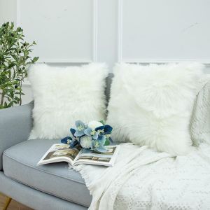 CAUC-Lot de 2 housses de coussin d&eacute;coratives carr&eacute;es en fausse fourrure pour canap&eacute;, sofa et lit (45,7 x 45,7 cm) - Blanc - Neuf