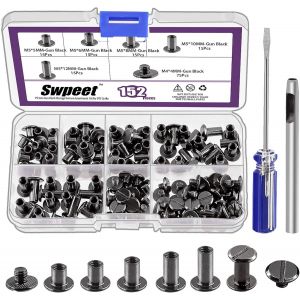152 pièces m5x5mm,6mm,8mm,10mm,12mm pistolet noir vis rivets en cuir avec perforateur et tournevis,rond tête plate goujons à double tête pour bricolage cuir artisanat - Neuf