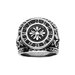 Bague Acier Ronde Fleur De Lys Pierres Noires - Neuf