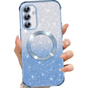 SJZG-Coque Magn&eacute;tique Pour Samsung Galaxy S25 5G, Etui &Agrave; Paillettes Compatible Avec Magsafe, Antichoc Charge Sans Fil Housse Pour Samsung S25, Avec 2 Verre Tremp&eacute;, Bleu - Neuf
