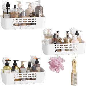 Panier de Douche &agrave; Ventouses Murale, 31,4 cm Etagere Douche sans Percage, Rangement Salle de Bain Amovible en Plastique pour les Gel Shampooing, Gel Nettoyant pour le Visage, Blanc, 3 Paquets - Neuf