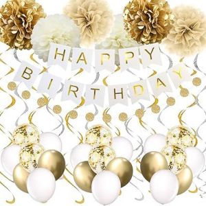 Décorations de fête d'anniversaire d'or de la bannière, joyeux anniversaire, 16e, 18e, 21e, 30e, 40e, 50e, 60e et 70e anniversaire de fournitures de décorations d'anniversaire blanc et doré ballons - Neuf