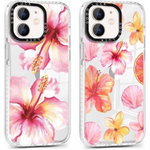 2 Pi&egrave;ces Coque pour iPhone 12/iPhone 12 Pro, &Eacute;tui de Protection avec Aesthetic Design Fleur Hibiscus Motif, TPU Transparente Femme Fille Housse Etui Bumper Cover pour iPhone 12 Pro 6,1'', Rose - Neuf