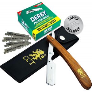Rasoir Droit De Barbier Coupe Choux Manuel Avec 10 Lames De Derby Kit Avec &Eacute;tui De Voyage En Cuir Accessoire Pour Homme, Cadeau Pour L&iquest;Hygi&egrave;ne - Neuf