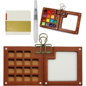 Kalanka-Mini Palette Aquarelle, 15 Bo&icirc;te &Agrave; Peinture En Bois Quadrill&eacute;e, Vec Carnet De Croquis, Pinceaux Et Pince &Agrave; Dessin, Cadeau Pour Peintres, Artistes Et &Eacute;tudiants (Peinture Non Incluse) - Neuf