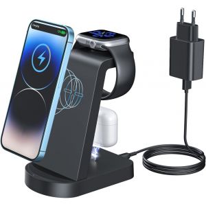 Chargeur Induction 3 En 1,Chargeur Rapide Chargeur Induction Chargeur Station Compatible Avec Iphone 16/15/14/13/12 Pro/Pro Max,Apple Watch Ultra/10/9/8/7/Se/Se2/6/5/4/3/2 Airpods321/Pro1 Noir - Neuf