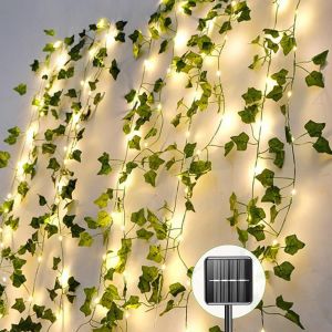 Guirlande Lumineuse Avec Feuilles, Cha&icirc;ne Lumineuse De Lierre 2m, Artificial Green Leaf Ivy Vine With 20 Led Light, Spring Plants Decoration For Wall Wedding Party Garden Festival - Neuf