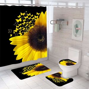 Tournesol Rideau de Douche, Set de 4, des Citations, des Papillons, Décoration salle de Bain avec Tapis (Un). Comprend un imperméable rideau de douche, tapis antidérapant - Neuf