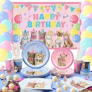 Letnerny-Ensemble De Fournitures De D&eacute;corations De F&ecirc;te De Chat, Vaisselle De Chaton Comprenant Un Fond De Chat Joyeux Anniversaire, Des Ballons De Macaron, Des Assiettes &Agrave; D&icirc;ner- Pour 20 Personnes - Neuf