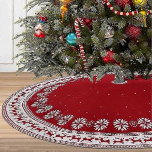 Jupe de sapin de No&euml;l, tapis de sapin de 91 cm avec flocons de neige et rennes, jupe de sapin rouge tricot&eacute;e pour la maison, les f&ecirc;tes et les vacances - Neuf