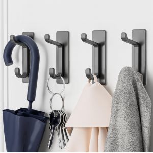 Crochet Adhesif Mural, Porte Serviette Salle de Bain, Accroche Torchon Cuisine, Porte Manteau Adh&eacute;sif, Attache Murale Sans Percer, Etanche, Antirouille, Gris, 4 Pi&egrave;ces - Neuf