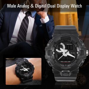 Montre-Bracelet Ronde Smael A Double Affichage Analogique Et Numerique, Retroeclairage Led, Bracelet Noir - Neuf
