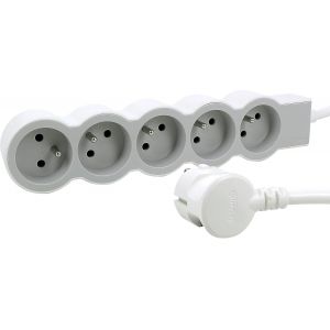 | Rallonge Multiprise Extra-Plate, 5 Prises 2P+T 16A 3680W, Cordon 3M Blanc Et Gris Clair, 1 Prise À 90° Pour Chargeur Volumineux - Neuf