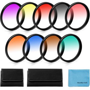 GCF-5252mm Kit de filtres de couleur gradués 9 pièces pour appareil photo reflex numérique Canon,Nikon,Sony,Pentax,Olympus,Fuji + pochette de filtre d'objectif + chiffon de nettoyage pour - Neuf