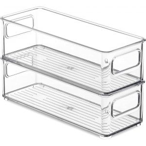 Jexnovashop-Lot De 2 Boite De Rangement Frigo Transparent - Boite Rangement Cuisine Avec Poign&eacute;es Organisateur Frigo - Bac Rangement Frigo - Boite Frigo Rangement - 25 X9.5x 7,5 Cm - Neuf
