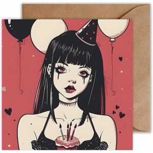 Carte d'anniversaire avec enveloppe - Anime Goth - Carte d'anniversaire - Motif manga - Happy Birthday - Pour fille - 125 x 125 mm - Neuf