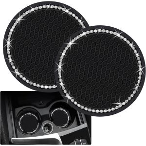 Lot De 2 Dessous De Verre Pour Voiture, 7 Cm, Antidérapants, En Silicone, Avec Strass, Accessoires Universels Pour Intérieur De Véhicule (Noir) - Neuf