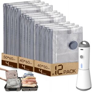 SJZG-Sac Sous Vide Vetement Aspirateur Avec Pompe &Agrave; Vide Sans Fil &Eacute;lectrique, Lot De 12 (4*40X50Cm, 4*40X60Cm, 4*50X60Cm), Sac De Rangement Sous Vide R&eacute;utilisables Pour Pulls, Chemises, Voyages - Neuf