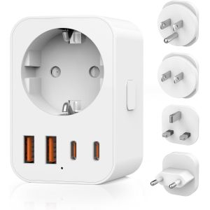 KALANKA-Adaptateur de Voyage Mondial, 4 Prises de Voyage Amovibles Travel Adapter, Adaptateur de Voyage vers USA/UK/Japan/Europe, Adaptateur Type A/B/G/C International avec 2 USB C/2 USB A//1 AC - Neuf