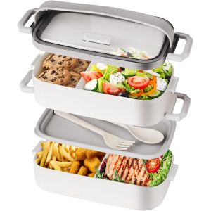 Boîte À Bento Empilable Avec 2 Compartiments,Avec Ensemble D'ustensiles,Boîte À Déjeuner Étanche,Passe Au Micro-Ondes Et Au Lave-Vaisselle,Sans Bpa,1600 Ml,Blanc - Neuf
