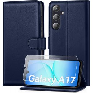 CAUC-Coque pour Samsung Galaxy A17 avec Verre Tremp&eacute;, &eacute;tui Cuir PU Magn&eacute;tique [ Pochette de Portefeuille ], Housse de Fonction Stand Video Porte Carte Credit &agrave; Rabat pour Samsung A17 -Bleu Vif - Neuf